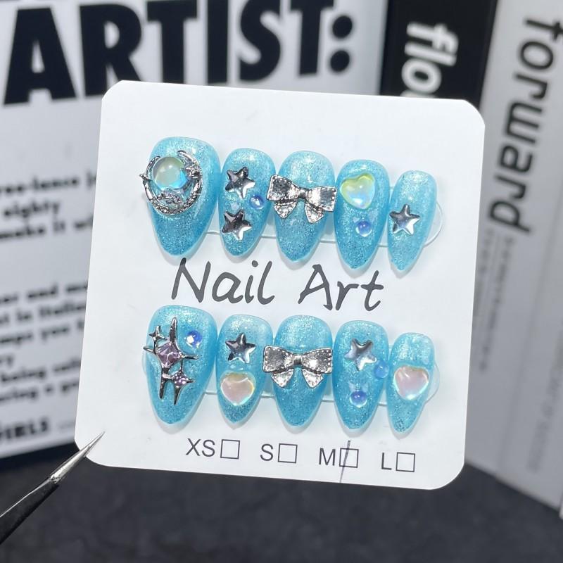 Handmade Press-On Nails Short Almond Shape With Cat Eye Glitter Ocean Blue Sweet Cute Design Small