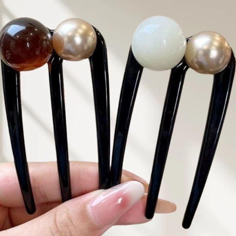 Fashion U-Shaped Hairpin Hair Fork Trendy Acrylic Bead Material Hair Clip for Women Girls Retro Jewelry Hair Accessories
