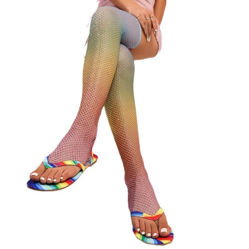 Fashion catwalk flat-bottomed colored herringbone cool boots women's pinch mesh elastic knee boots spring and summer rhinestone sandals