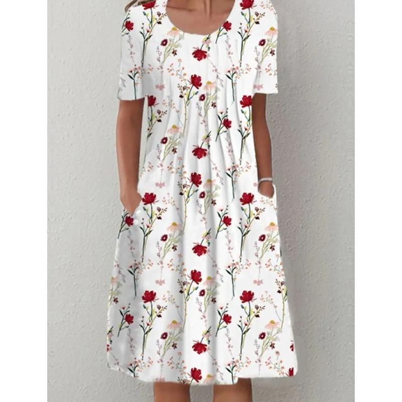 eBay Spring/Summer Floral Print Crew Neck Pocket Long Dress Women