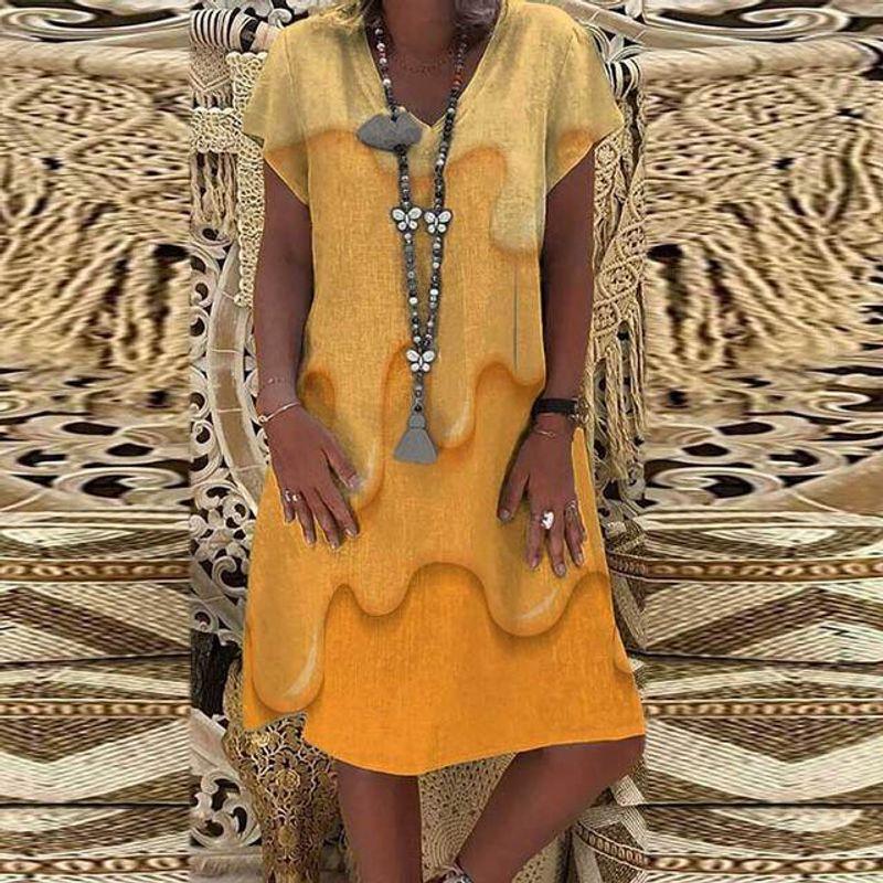 

Casual Gradient Printed V-neck Dress Casual Gradient Printing V Neck Dress Yellow XXXL