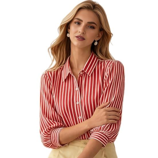 Women Shirt Lapel 46085 Puff Sleeves Button Placket Striped Print Summer Shirt Loose Fit