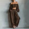Two Piece Sets for Women Long Sleeve Off Shoulder Crop Top Wide Leg Pants Set Summer Vacation Going Out Outfits