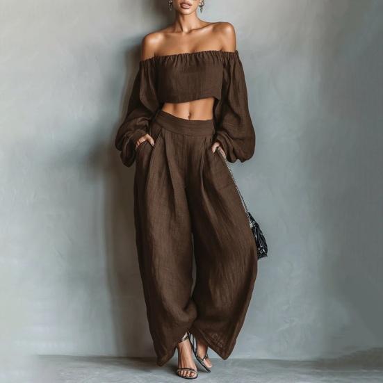 Two Piece Sets for Women Long Sleeve Off Shoulder Crop Top Wide Leg Pants Set Summer Vacation Going Out Outfits