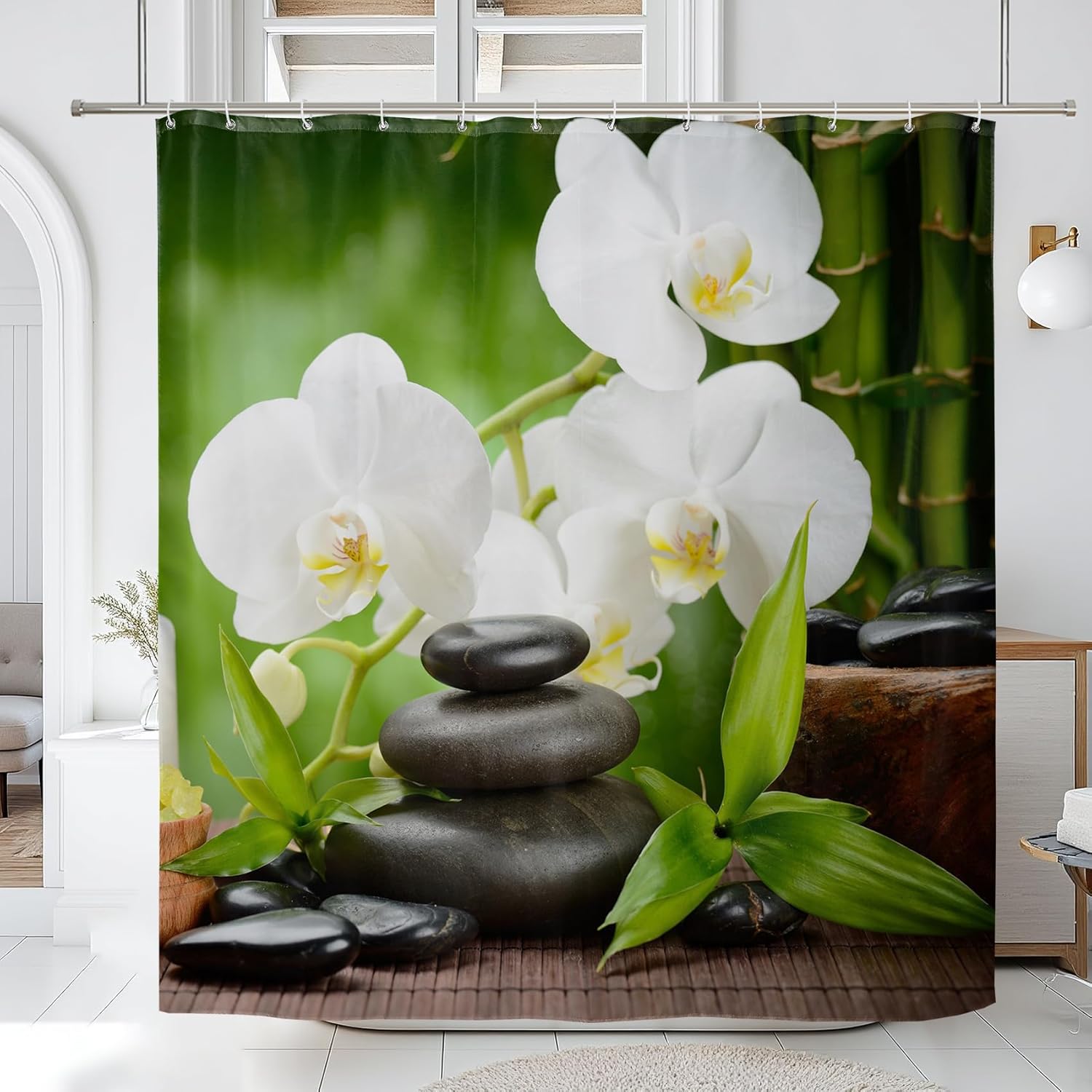 

Шторка для душа Zen Spa Черный Базальт Камни Дзен Японские Цветы Листья Бамбука Духовная Медитация Шторка для Ванной W60H190(CM)-1 Pcs