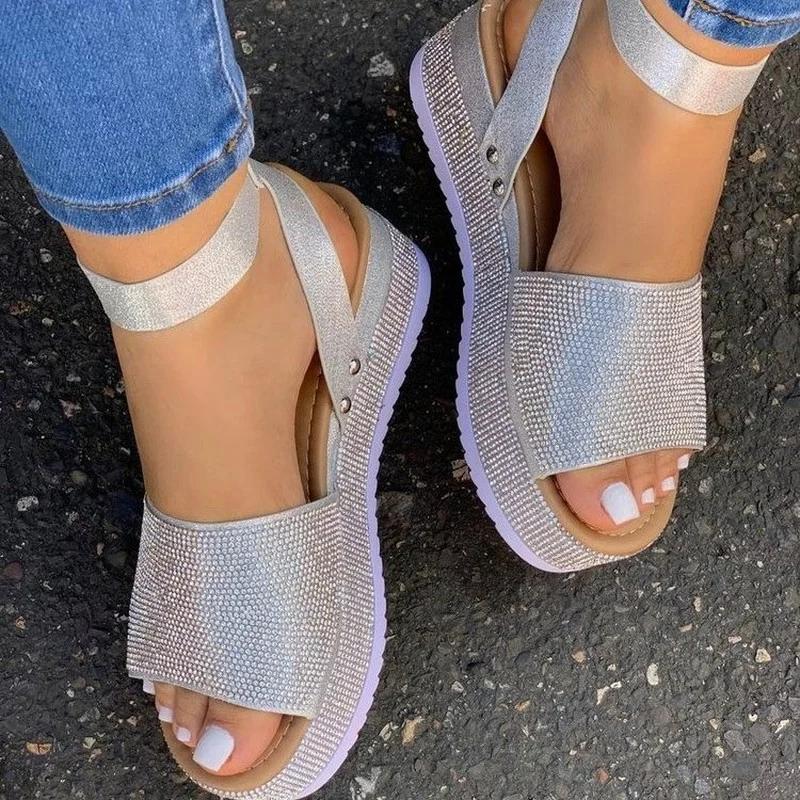 Shoes for Women 2026 Fashion Ankle Strap Women's Sandals Summer Sandals Women Rhinestones Wedges Platform Sandals