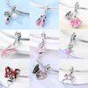 925 Silver Pink Ballet Girl Bow Pendant Charms Beads Fit Original 925 Bracelet Necklace Jewelry Making For Women DIY