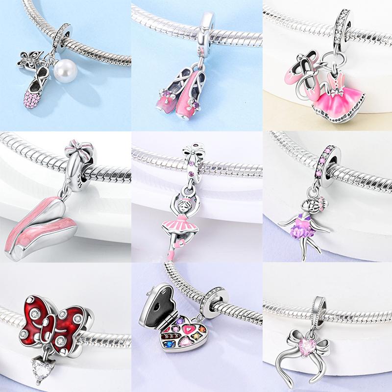 925 Silver Pink Ballet Girl Bow Pendant Charms Beads Fit Original 925 Bracelet Necklace Jewelry Making For Women DIY