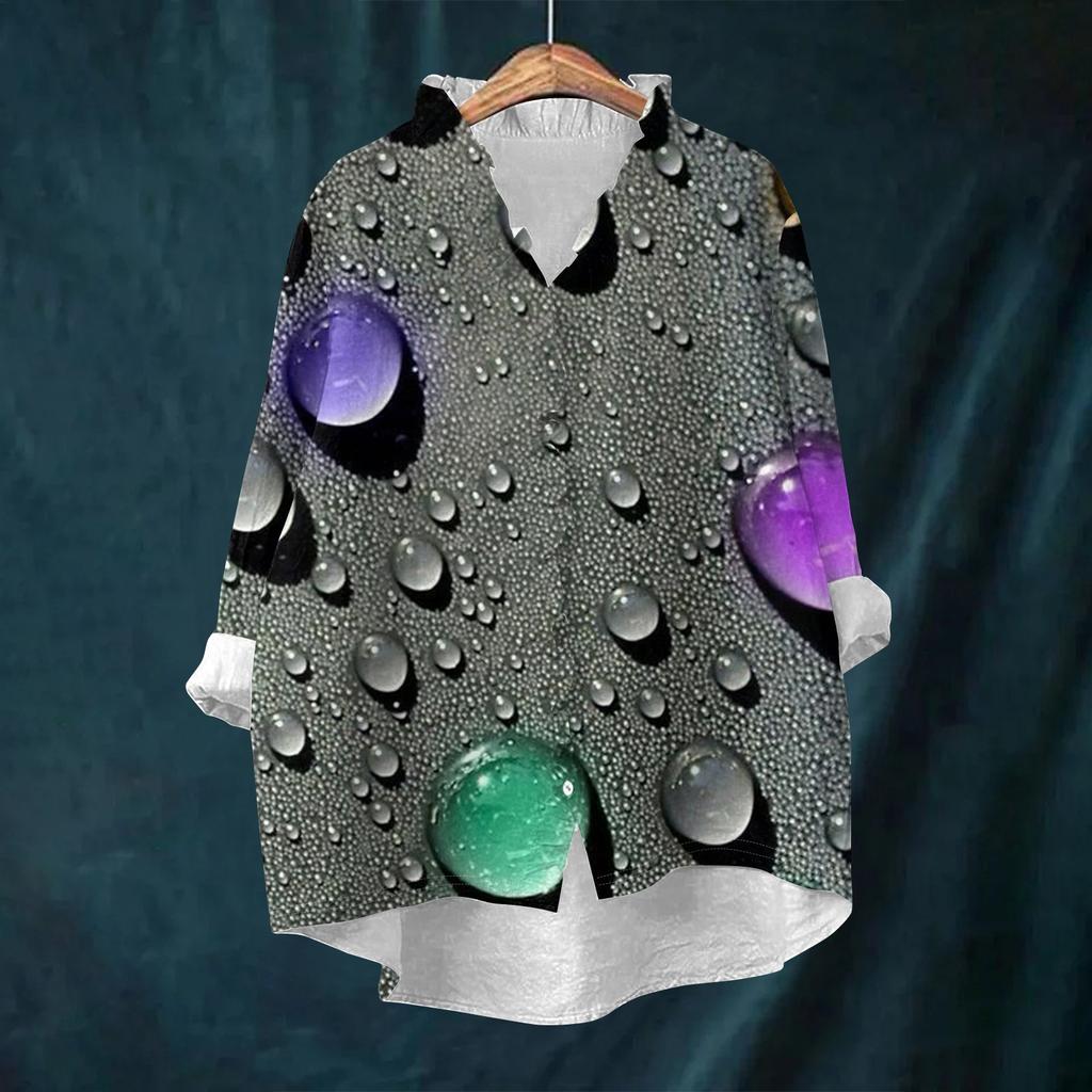 Women's Loose Ruffled Retro Floral Print Stand Collar Long Sleeve Cotton And Linen Top