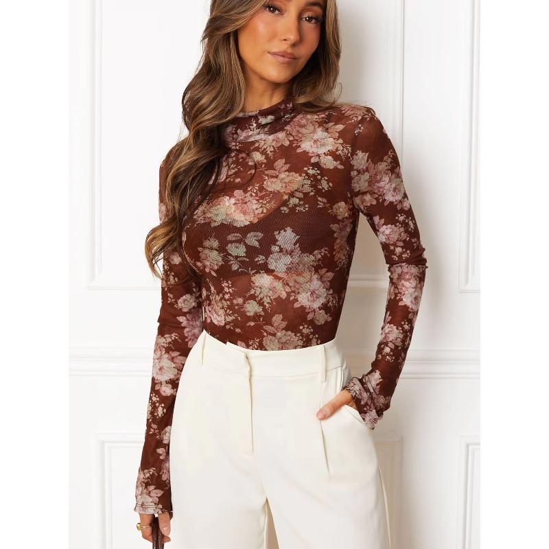 Women's Long Sleeve T-shirt Slim Fit Stand Collar Mesh Retro Printed Floral Women's T-Shirts Fashion Elegant Sexy See Through Base Female Tee Tops