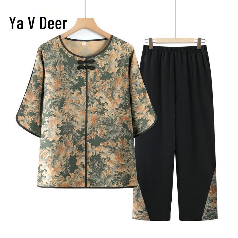 Yalu Women s Chinese Style Floral Summer Outfit Set 5XL