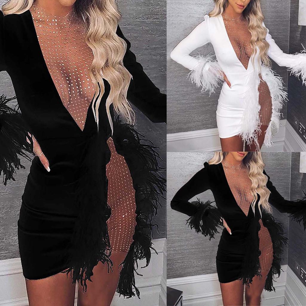 Women V-Neck Long Sleeve Solid Color Sexy Mesh Feather Casual Dress