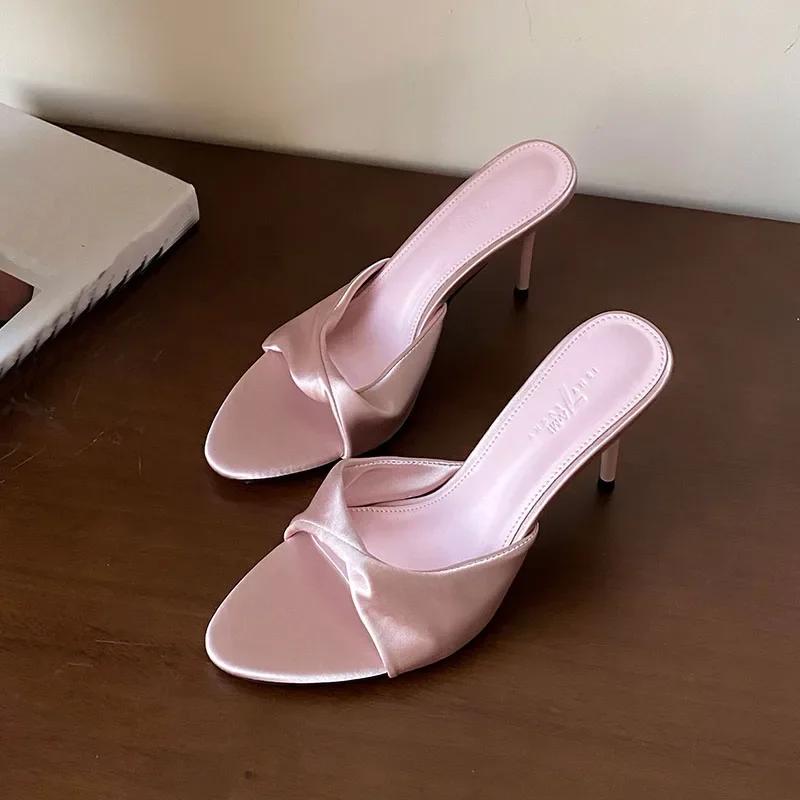 

Высококачественные атласные туфли-шлепанцы на высоком каблуке женские летние сексуальные сандалии-слайды с открытым носком элегантные вечерние туфли-лодочки на тонком каблуке сандалии 40 розовый