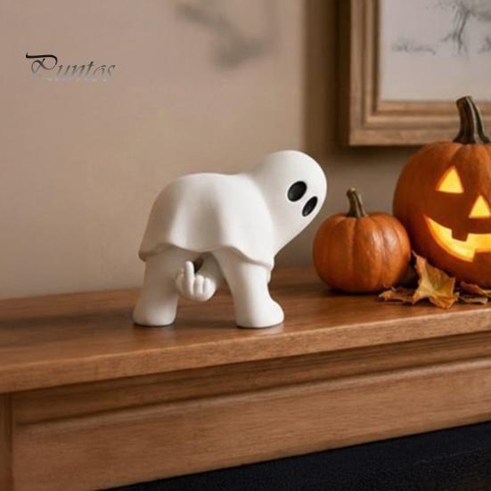 Funny Gesture Ghost Decor Halloween Figurine with Middle Finger, Cute Statue, Matte White Sculptures Spooky Resin Humor Desk for Party Home