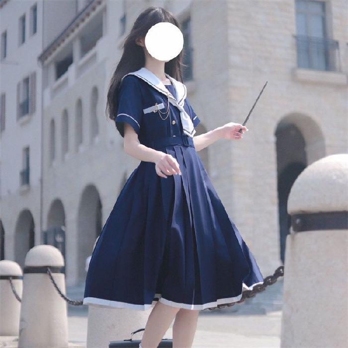 

2025 Лето JK Sailor Suit Утягивающее платье: Женская юбка А-силуэта средней длины с плиссе S темно-синий