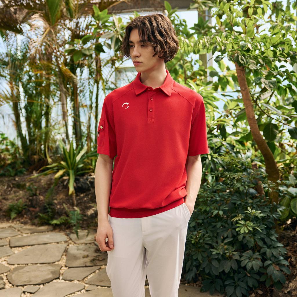 CHALLENGER Men'S Pq Blouson Raglan Cut-Out Short Sleeve Collared T-Shirt Red