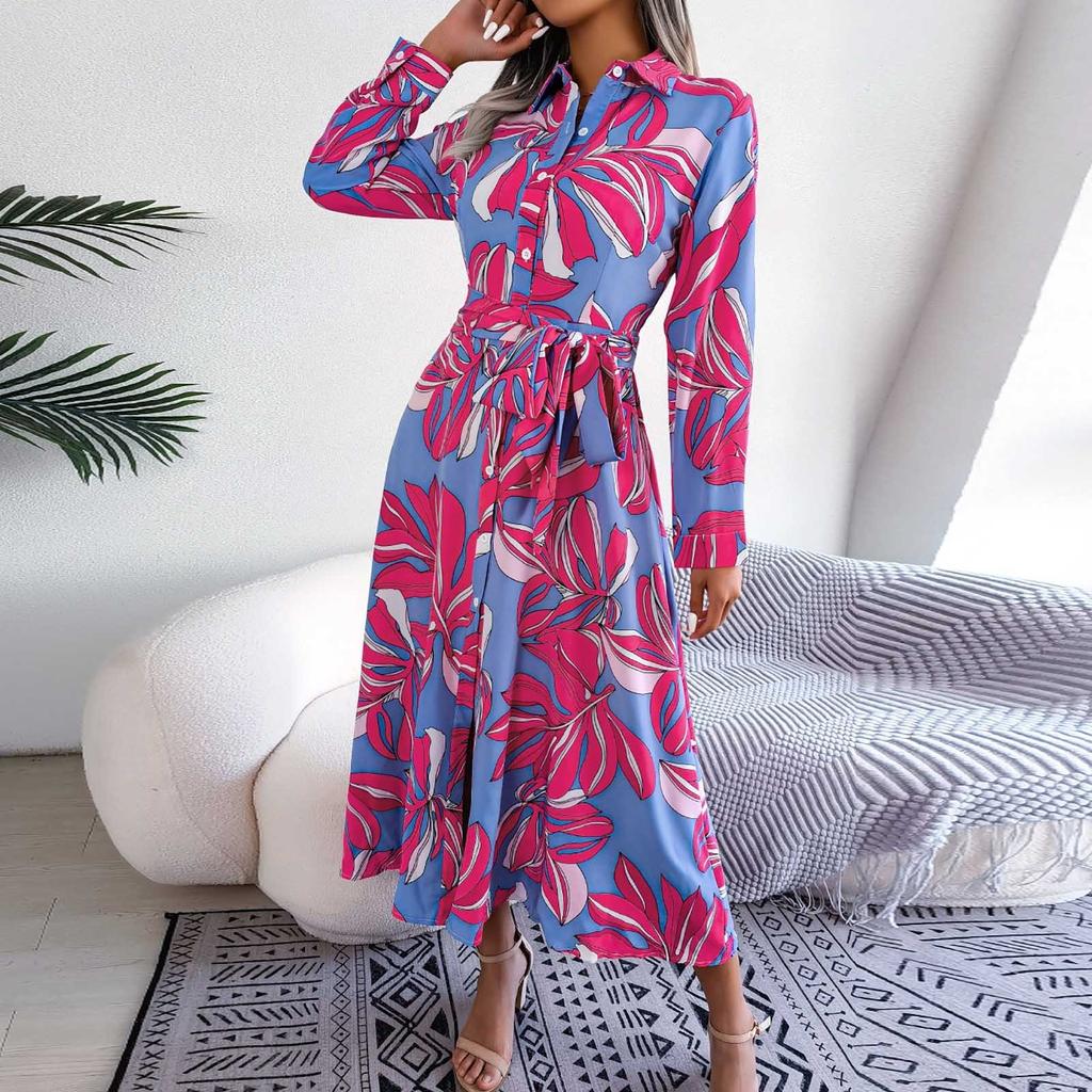 Dámské módní květinové šaty s dlouhým rukávem a potiskem