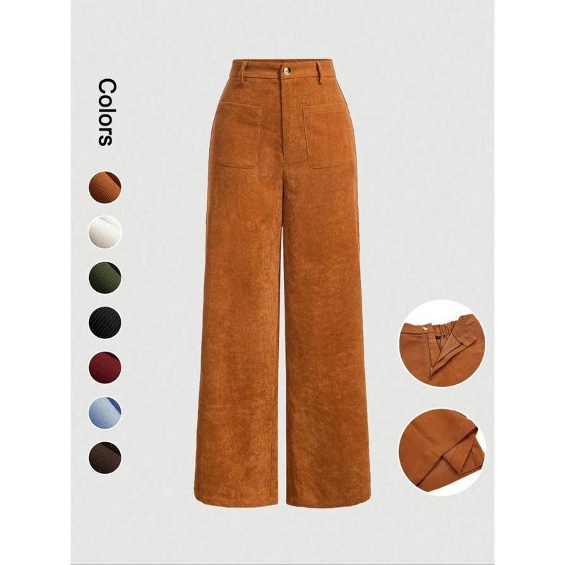 Women Corduroy High Waist Wide Leg Pants Solid Color Front Pocket Casual Loose Fit Trousers
