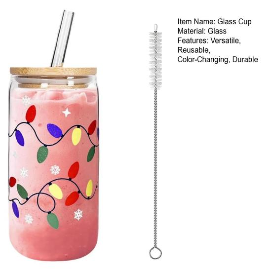 Color Changing Christmas Glass Cup with Lid Straw Brush Reusable Glass Iced Coffee Cup Cute Xmas Party Decorations for Mom Her
