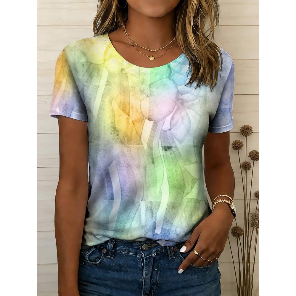 Women s Watercolor Gradient Tie Dye T-Shirt Digital Geometric Print Graphic T-Shirt XXS