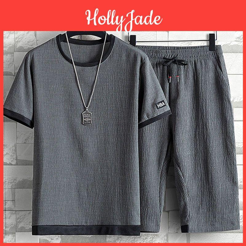 Silk Mens Summer Ice Suit Loose Large Casual Sports Suit M6xl Mens Short Sleevecapris Twopiece Set