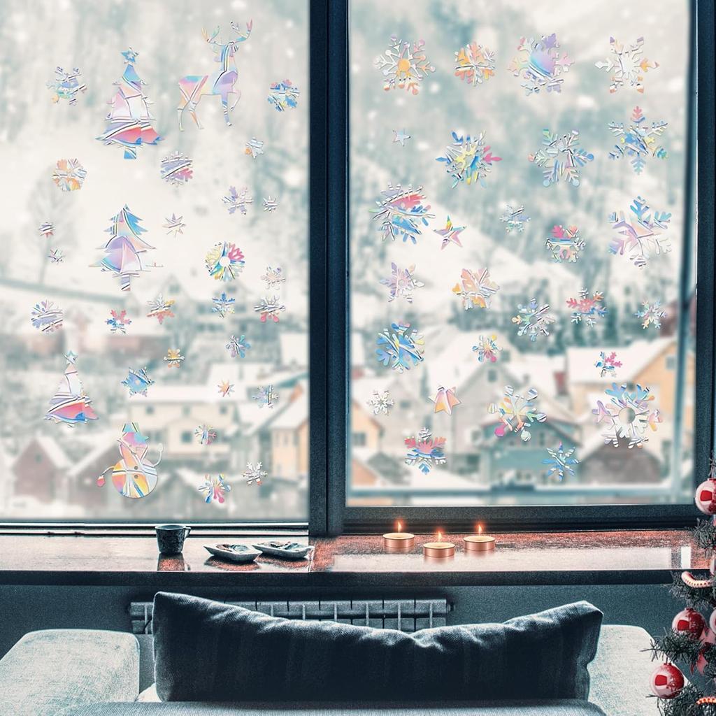WATINC Winter Snowflakes Rainbow Window Clings - 47Pc Snowmen Tree Anti-Collision Holiday Window Decals to Save Birds, Reble Non-Adhesive Stickers
