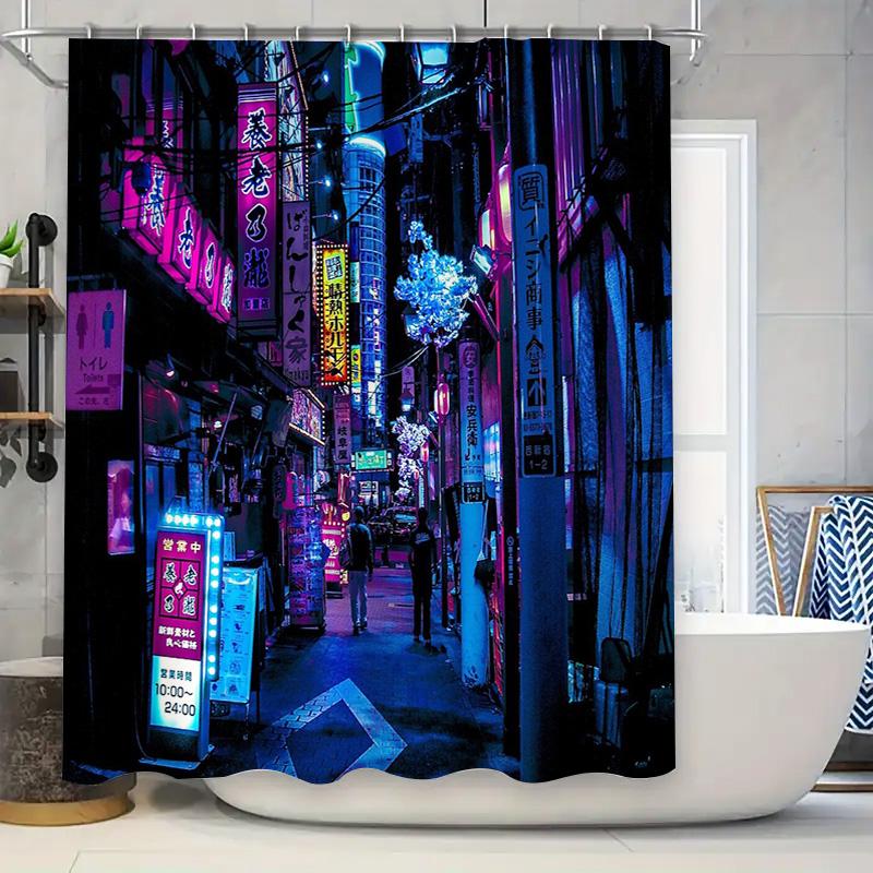 

Japanese Tokyo Night City Shower Curtain Anime Streetscape Bathroom Decor Modern Aesthetic Vaporwave Wall Art Backdrop W60H190(CM)-1 Pcs