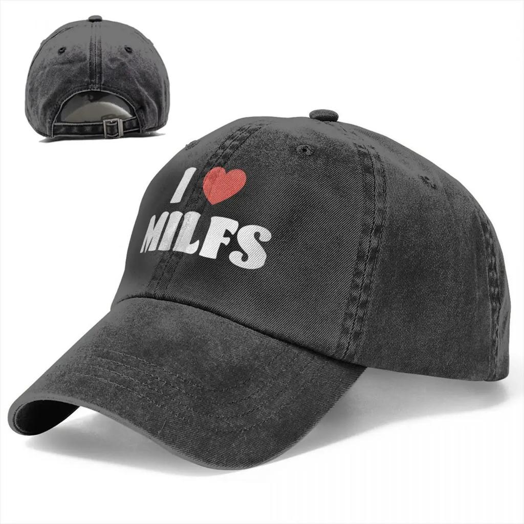 Mote Jeg elsker Milfs baseballcaps unisex-stil slitt denim snapback-hatt utendørsaktiviteter ustrukturert myk caps-hatt