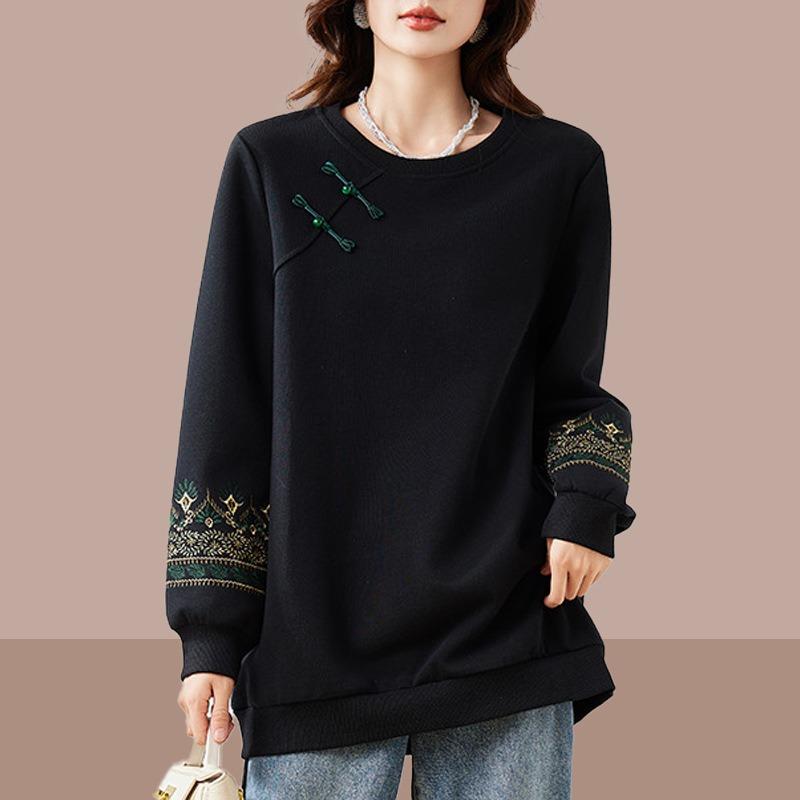 Women Loose Long Sleeve Crew Neck Pullover Sweatshirt Chinese Style Color Block Plus Size Top