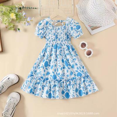 Girls Fashion Short Sleeve Dress Summer Children Sweet Fresh Floral Dress