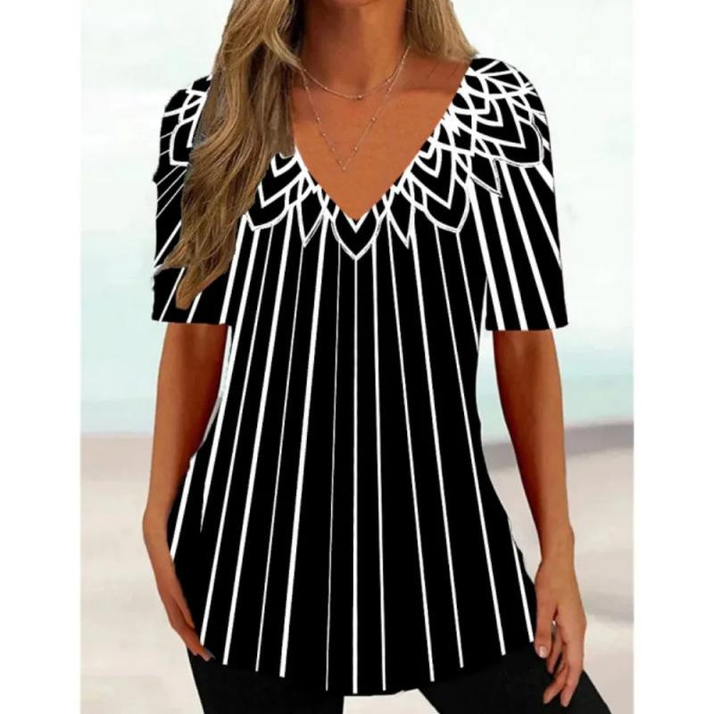 

2025 Модная Ретро Этническая Геометрическая Расписная Футболка Харадзюку Женская Повседневная с Коротким Рукавом и V-образным Вырезом 5XL