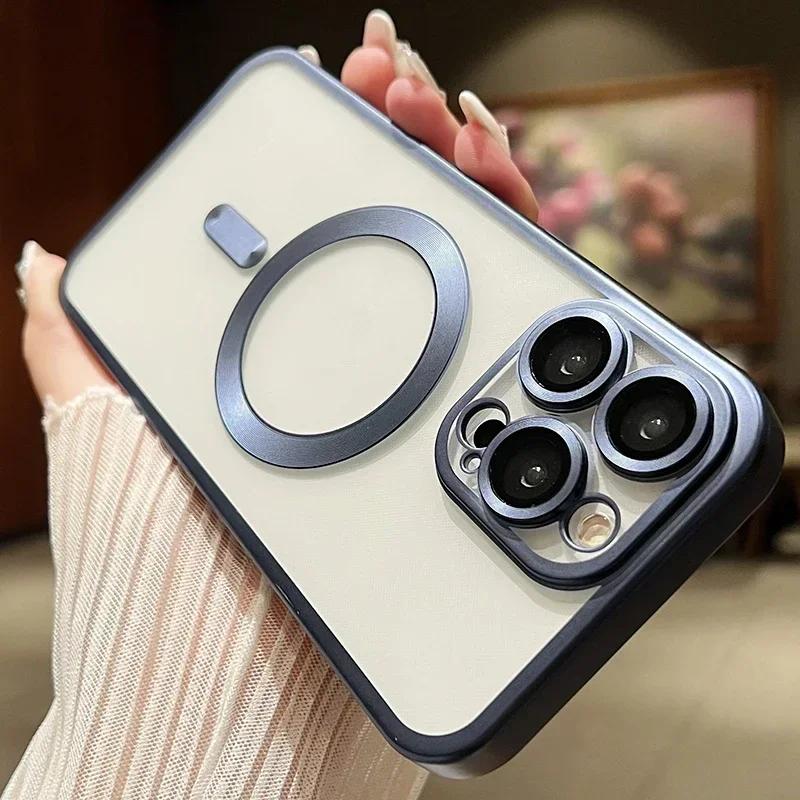 Luxury Frosted Style Magnetic Wireless Charge Case For iPhone 15 14 13 12 11 Pro Max Plus Fashion Plating Magsafe Bumper Cover