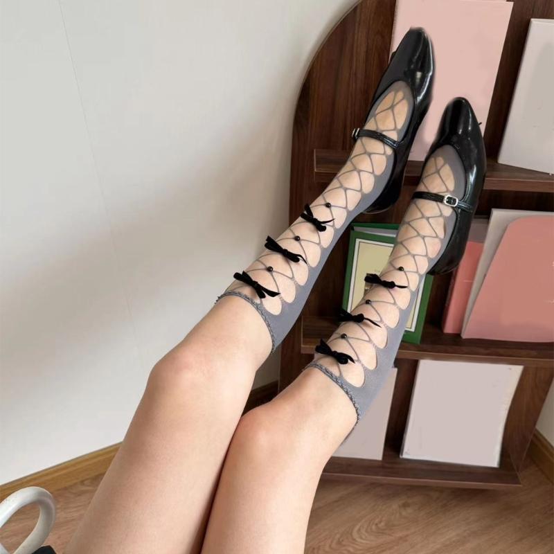 Meias Femininas Estética Japonesa Recorte Frontal Acima da Panturrilha Laço Elegante Pérola Vazado Barra Franzida Meias Longas
