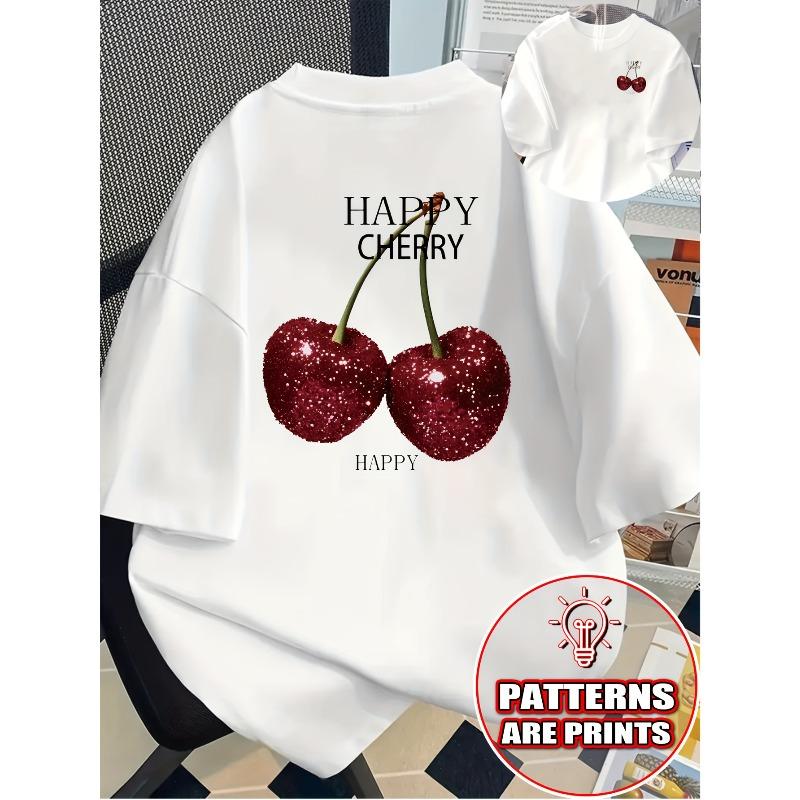 

Женская футболка Happy Cherry с цветочным принтом, спереди и сзади, с коротким рукавом, весна-лето, модная, повседневная, для ежедневного ношения S белый