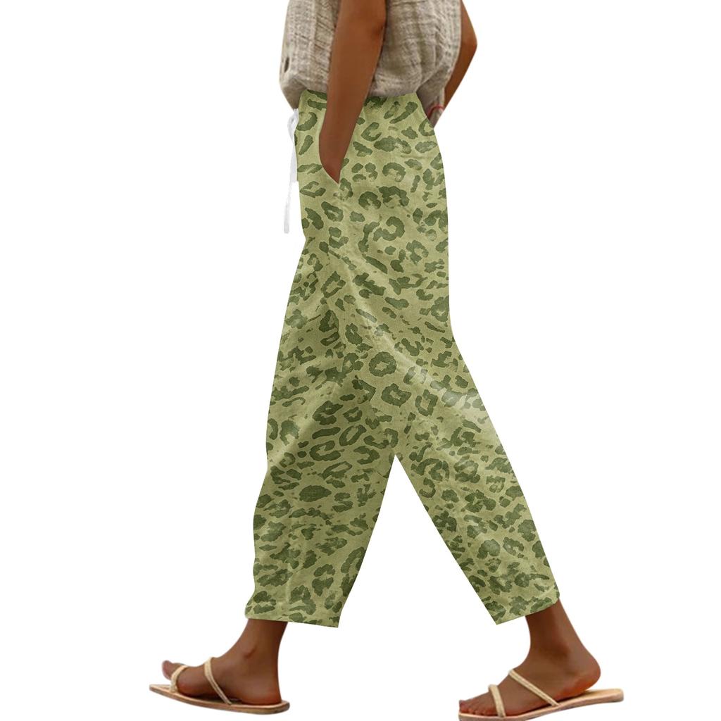 Women's Leopard Print Casual Pants with Elastic Waistband and Side Pockets