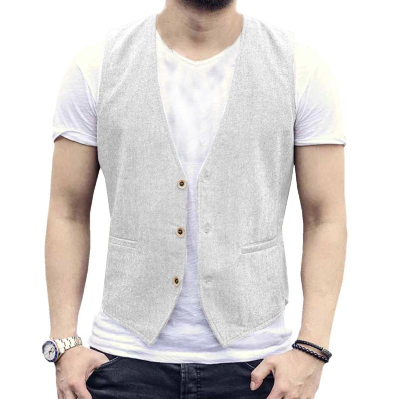 Leinen Herren Weste Hochzeit Bräutigam Unifarbene Weste Retro Vintage Bankett Gilet Herren Weste Anzug