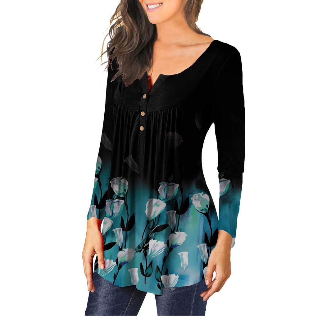 Modisches Damen-Oberteil mit Rundhalsausschnitt, bedruckten Knöpfen, langen Ärmeln und asymmetrischem Saum