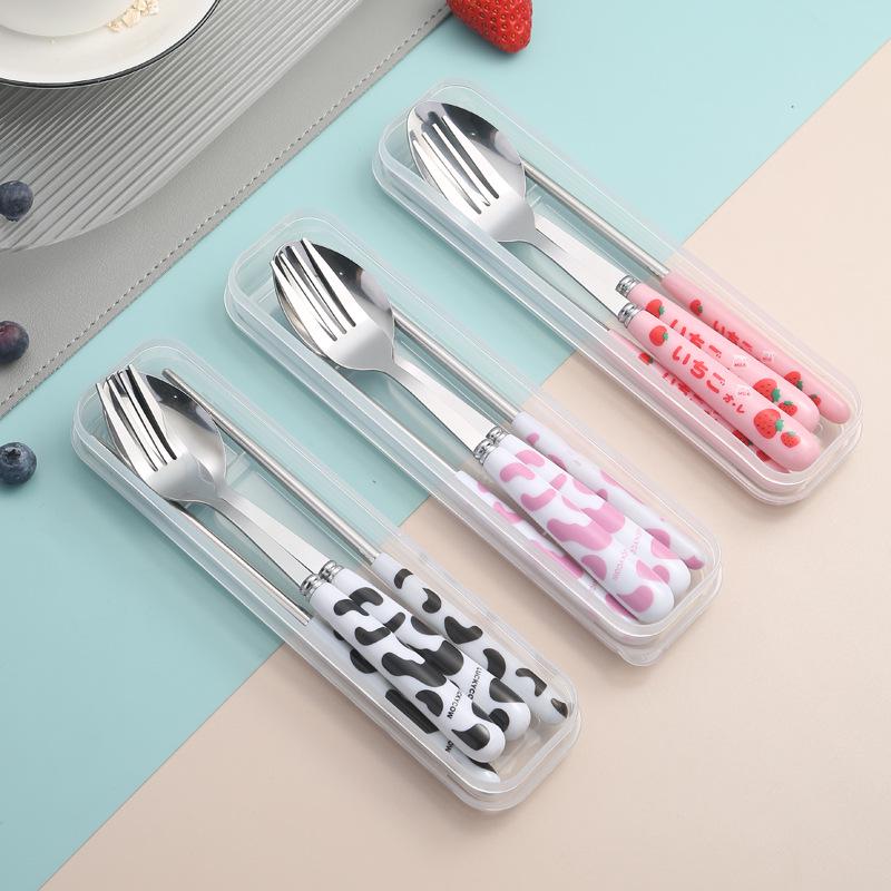 Ins Style Cartoon Stainless Steel Cutlery Set: Portable Chopsticks, Spoon & Fork for Students & Travel
