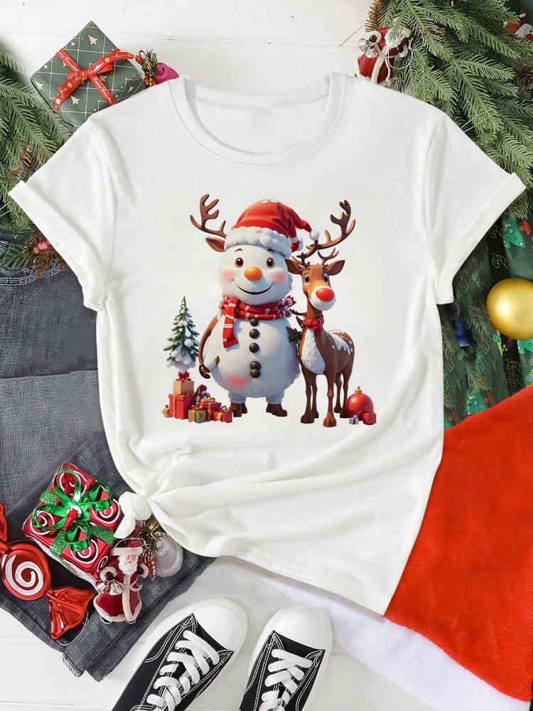 Christmas Women Casual T Shirt Cartoon Snowman Reindeer Christmas Tree Print Female Short Sleeve T-Shirt Urban Style Printed