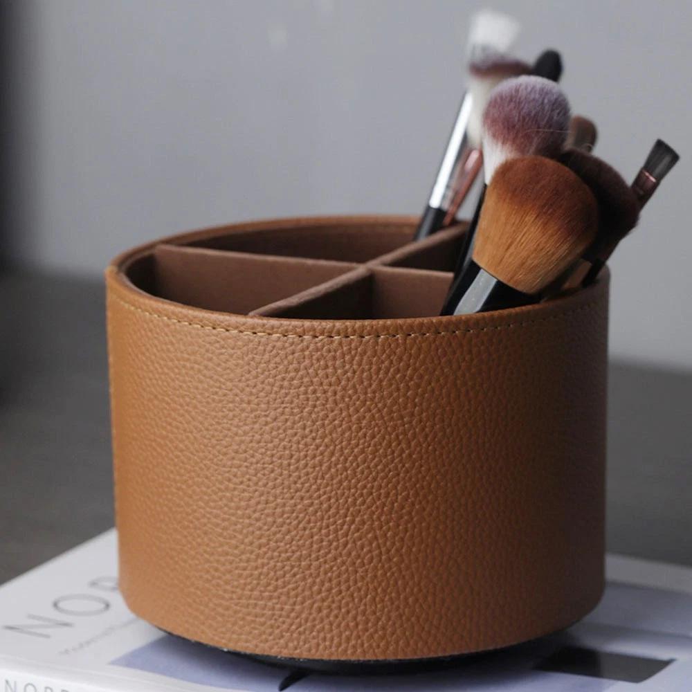 Rotatable 360 Degree Leather Storage Holder Box Makeup Brush Rotating Desktop Rotary Cylinder Cosmetics Shelf Pen Holder
