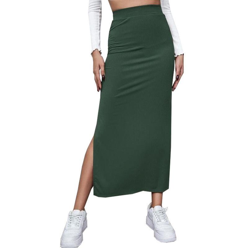 Dames Zwarte Ribbel Gebreide Maxi Rok Hoge Taille Zijsplit Bodycon Potloodrok