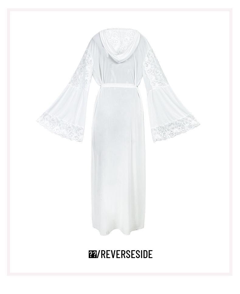 Sexy Mesh Kapuzenbademantel mit Spitzenbesatz Lingerie mit Gürtel