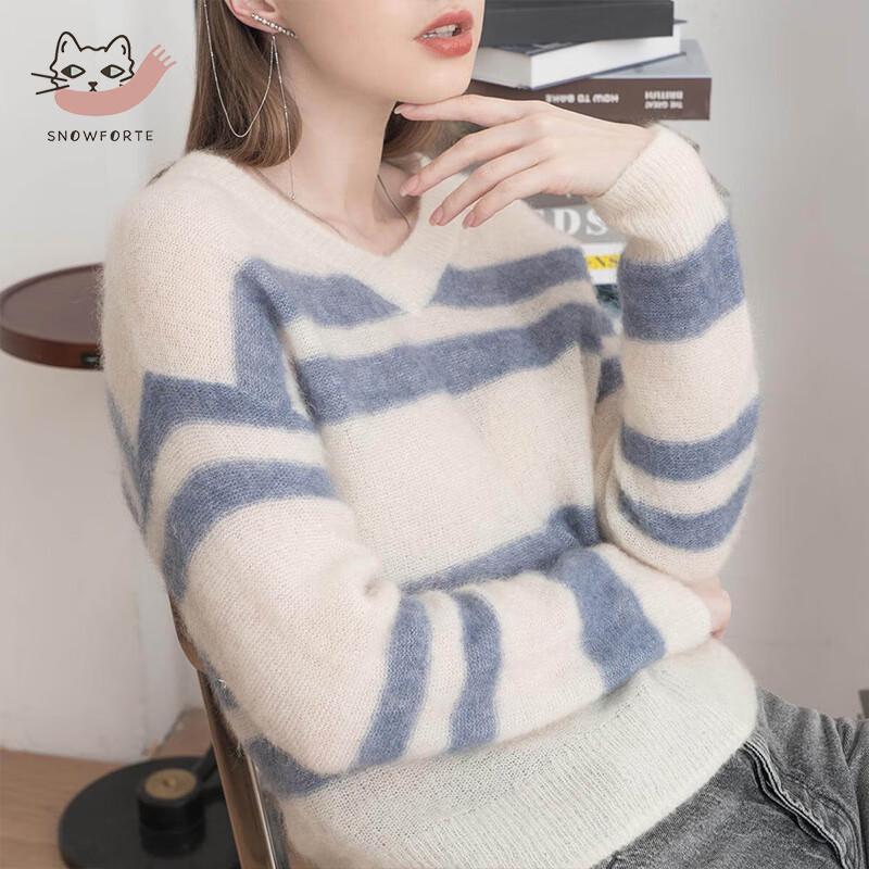 Sinoford Damen Herbst/Winter V-Ausschnitt Gestreifter Locker Gestrickter Wollpullover S21-002