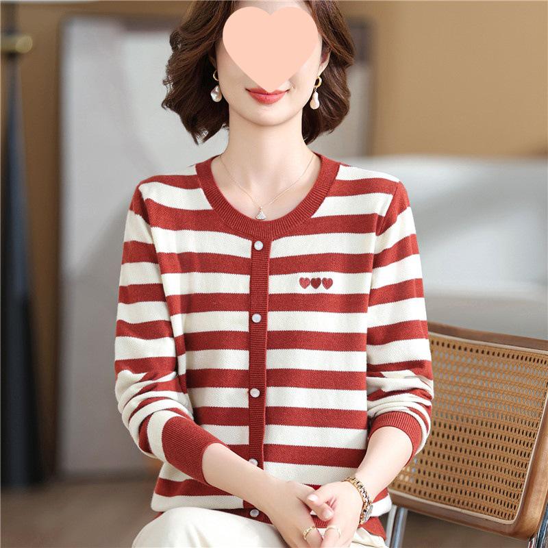Mom's 2025 Autumn Striped Long-Sleeve Knit Sweater for Middle-Aged & Elderly Women