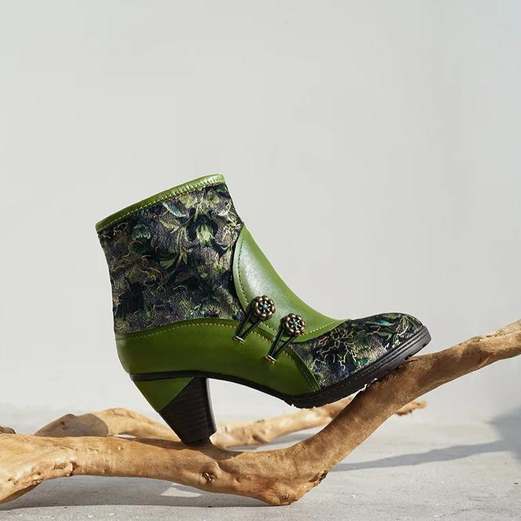 Johnature Retro Genuine Leather Patchwork Jacquard Fabric High-heeled Women's Short Boots