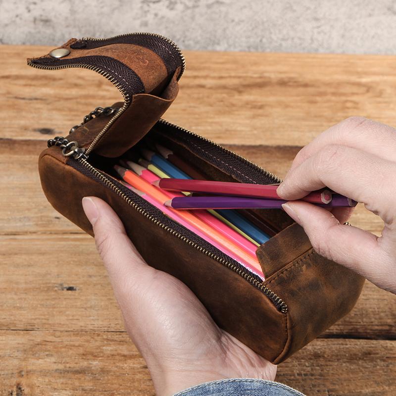 Leather Zipper Pen Pencil Case Bag Handmade Vintage Creative School Stationary Pen Pouch Holder Large Capacity