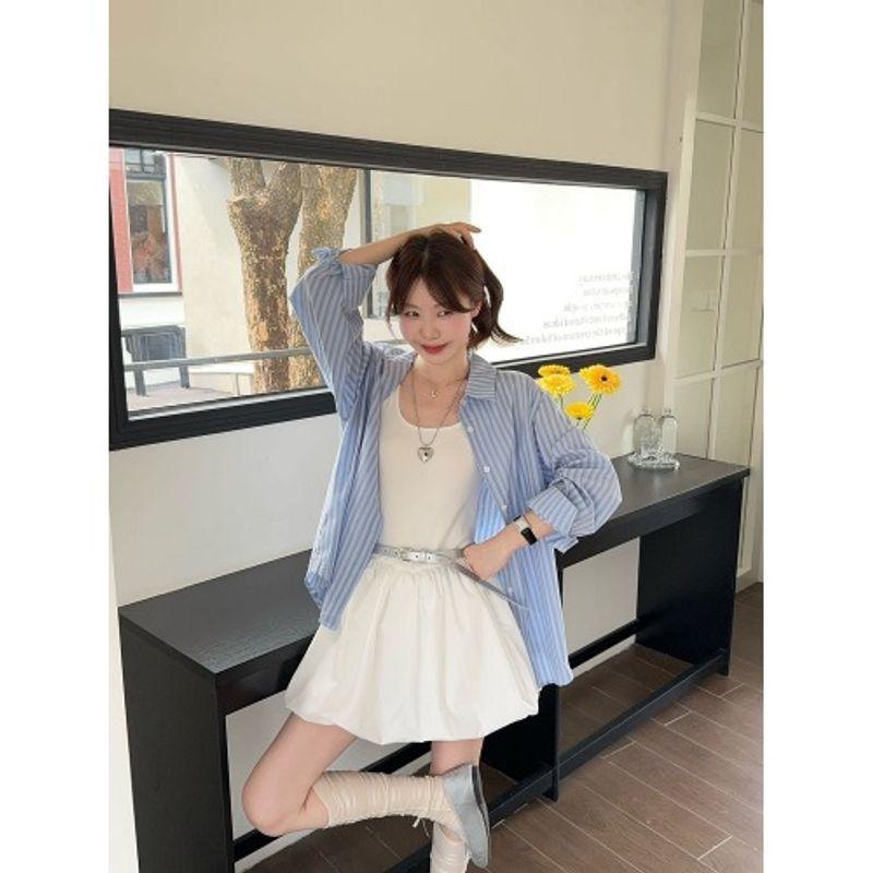 

Sweet Suit in Blue Stripes Polo Collar Shirt Women s Summer White Vest Dress Puff Short Skirt Two-piece Set Blue Stripes Shirt XL