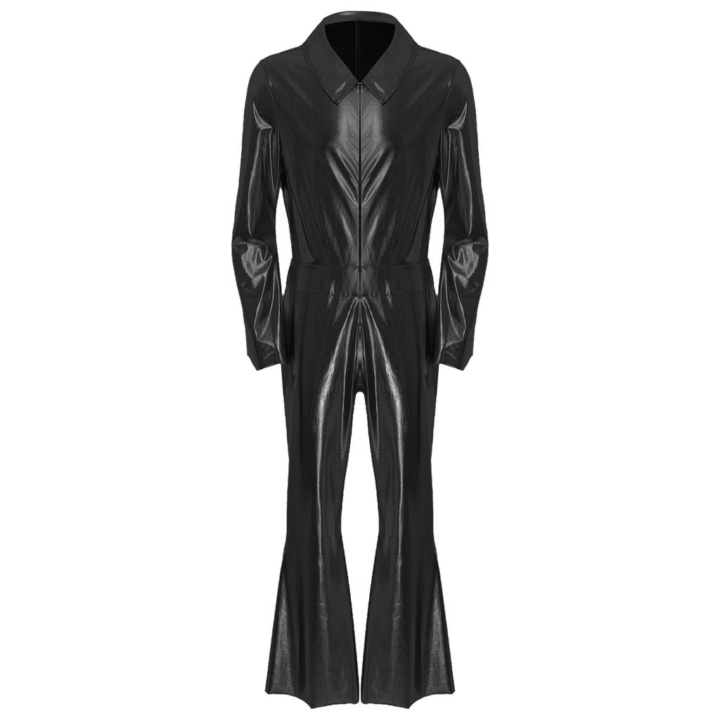 Mens 70s Disco Jumpsuit Metallic Shiny Design Lapel Flare Sleeve Front Zipper Wide Leg Pants