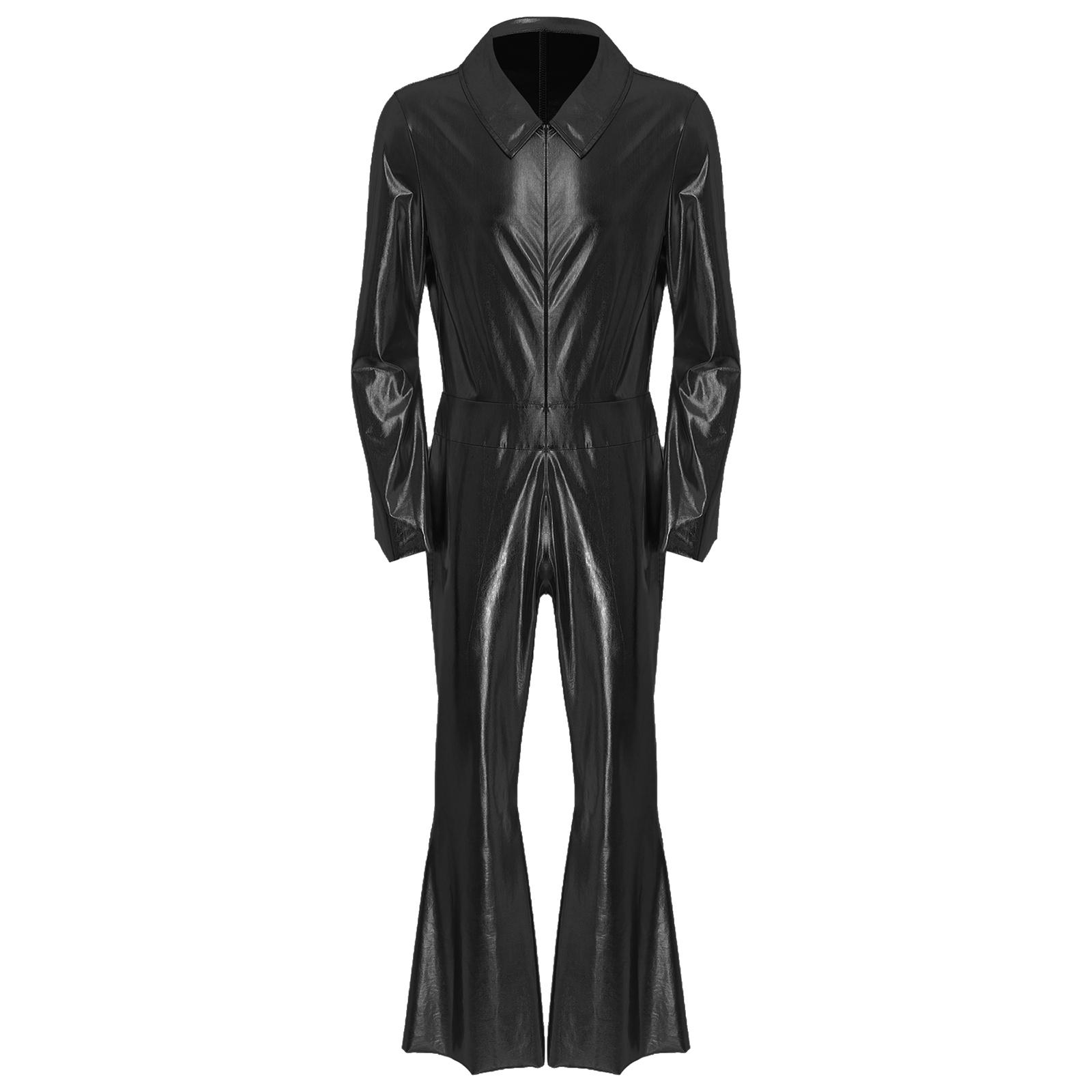 

Mens 70s Disco Jumpsuit Metallic Shiny Design Lapel Flare Sleeve Front Zipper Wide Leg Pants S