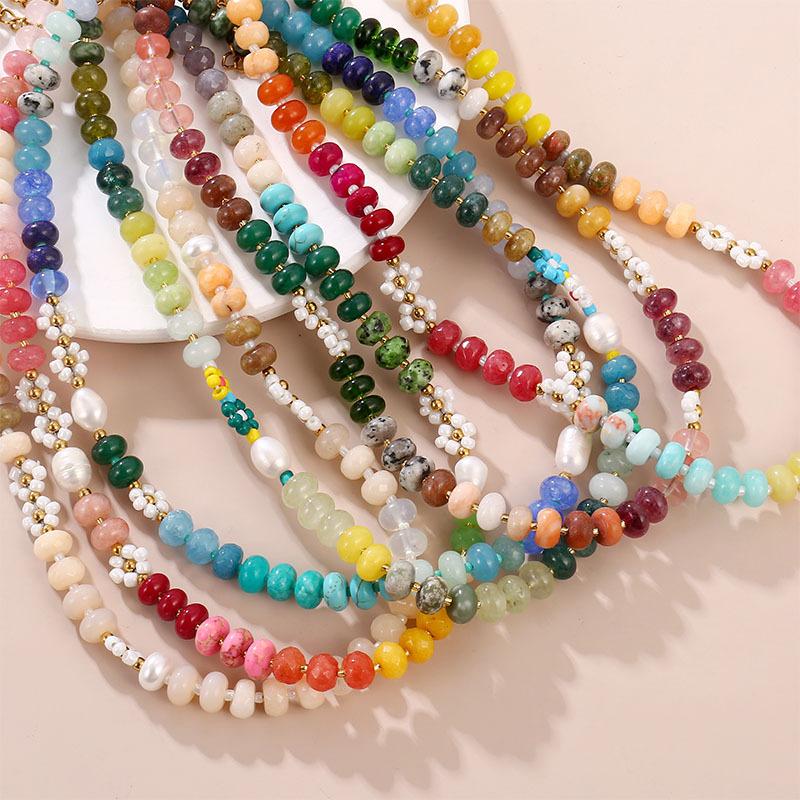 Women Colorful Natural Stone Handmade Beaded Flower Clavicle Necklace Beach Jewelry
